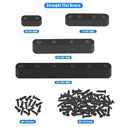 Glarks 110Pcs 20Pcs 40mm 80mm 130mm 200mm Flat Straight Corner Brace Black Metal Joint Plate Connector Repair Fixing Bracket with Mounting Screws Set for Wood Furniture - size: 4 Size Flat Brackets Set
