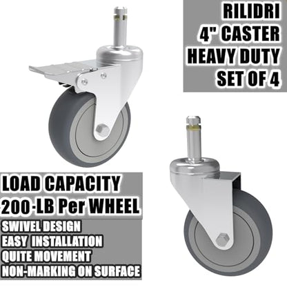 RILIDRI 4-Inch Swivel Stem Caster, 7/16-Inch Stem Diameter Rubber Wheel, Heavy Duty TPR Replacement Wheels for Rubbermaid Mop Bucket Cart Grill Casters - 4 Pack (2 Brakes 2 Swivel) - size: 4 Inch-200LB(2 Dual Brakes)