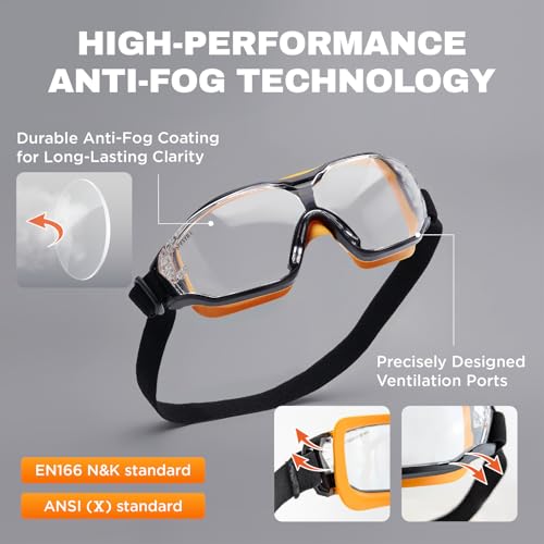 SPEXTRA Safety Goggles Anti-Fog Clear Lens, ANSI Z87.1 Impact Resistance, Non OTG, Lab Chemistry Goggles