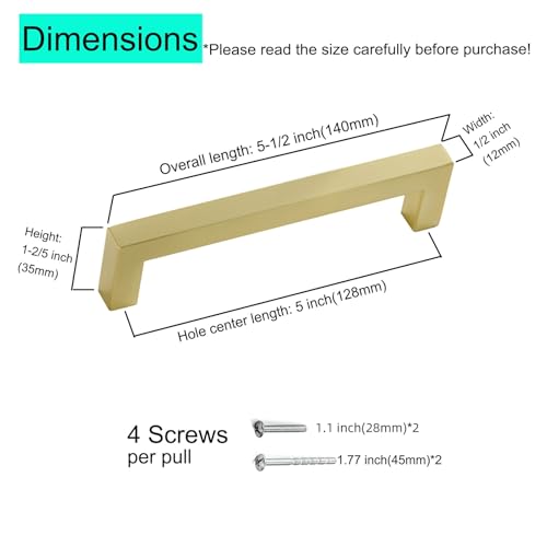 30 Pack 5 Inch Hole Center Brushed Brass Stainless Steel Square Cabinet Pulls Brushed Gold Cabinet Handles Drawer Handles Cupboard Handles - color: Brushed Gold, size: 5 inch hole center (128mm)