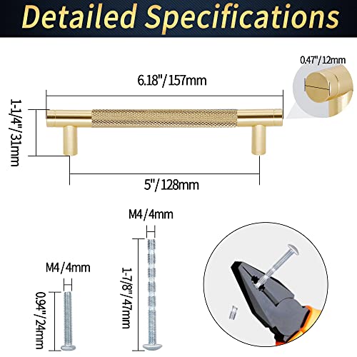 6" Length Knurled Cabinet Pulls 25 Pack - 5" Hole to Hole, Golden - color: Gold, size: 128mm | 5 inch C/C
