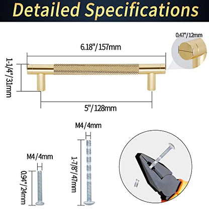 6" Length Knurled Cabinet Pulls 25 Pack - 5" Hole to Hole, Golden - color: Gold, size: 128mm | 5 inch C/C