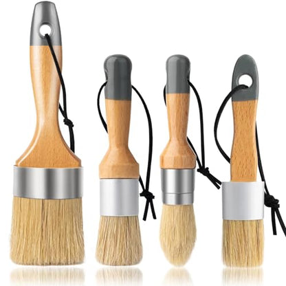 Set of 4 Chalk and Wax Paint Brush Furniture Small Round and Large Oval Brush with Natural Bristles, Perfect for Painting or Waxing Furniture, Ideal for Home Decor