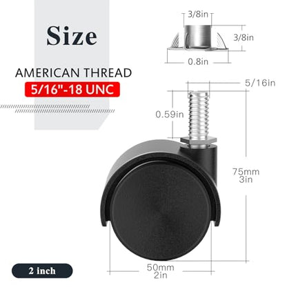 2 Inch Furniture Stem Casters Set of 4, Threaded Stem Diameter 5/16" Plastic Caster Wheels, Black Swivel Small Castors with T-Nuts, for Table, Cabinet, Storage Rack - style: 2 inch