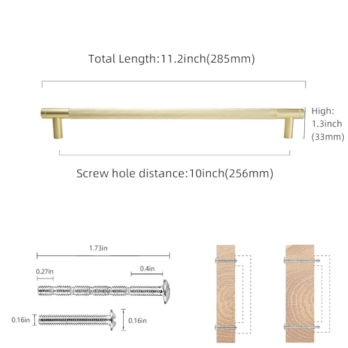 COTYKILEY 10 Pack 10 Inch(256mm) Brushed Brass Cabinet Handles Gold Knurled Kitchen Cabinet Pulls Cabinet Door Handles Kitchen Cabinet Hardware Cupboard Drawer Pulls - color: Brushed Brass, size: 10" Hole Center（256MM）
