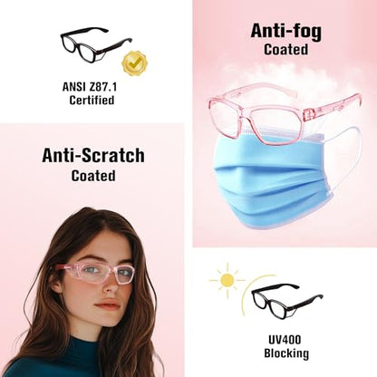ProtectX Stylish Safety Glasses Anti-Fog Scratch Pink Clear - 2PC - color: 2 Pack Pink
