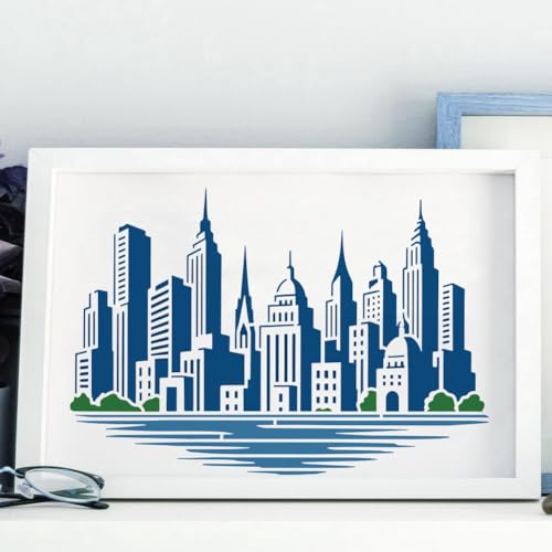 FINGERINSPIRE The City Skyline Painting Stencil with Paint Brush 8.3x11.7inch Reusable Building Pattern Drawing Template Plastic PET Construction Lake Stencil Architecture Theme Template for Decor - style: The City Skyline