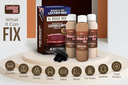 Blend It On XL Leather/Vinyl Repair Kit Now with 6 Ounces for Furniture, Jacket, Sofa, Car Seat, Boots, Easy Instructions to Match Colors, Restore Any Material No Mixing Chart Needed (Beige Mix) - color: Beige Mix