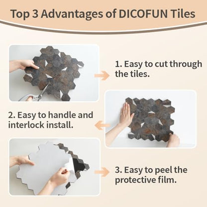 DICOFUN 1-Sheet 12"x12" Rust Slate Hexagon Tile Peel and Stick Backsplash, PVC Mixed Silver Metal Mosaic Tiles for Kitchen and Bathroom - color: Rust Slate + Silver Metal Chip, size: 1 Sheet, 12''x12''x0.12''