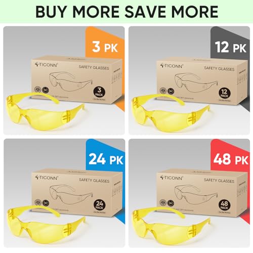 TICONN Clear Safety Glasses for Men & Women, ANSI Z87.1 Safety Goggles - style: 48 Pairs Yellow