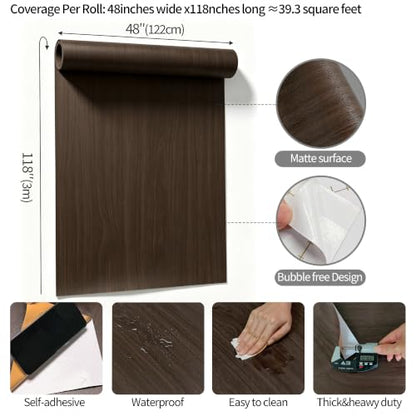 Extra Wide Dark Walnut Wallpaper Peel and Stick Contact Paper for Cabinet - color: Chocolate Brown, size: 48" x 118"