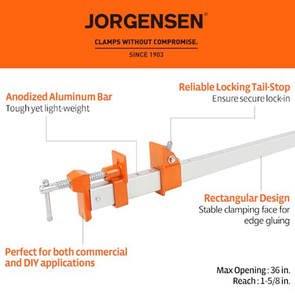 Jorgensen 36-Inch Aluminum Bar Clamps, 1000 lbs Clamping Force, 2-Pack - size: 36-Inch