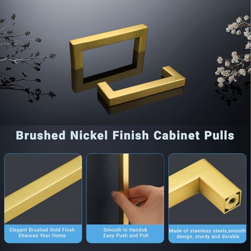 KNOBWELL 20Pack 3-3/4 Inch Brushed Gold Cabinet Pulls Stainless Steel Kitchen Cabinet Handles Square Drawer Pulls Modern Cabinet Hardware Handles，96mm Hole Centers - color: Brushed Gold, size: Hole Center:3-3/4 inch(96mm)