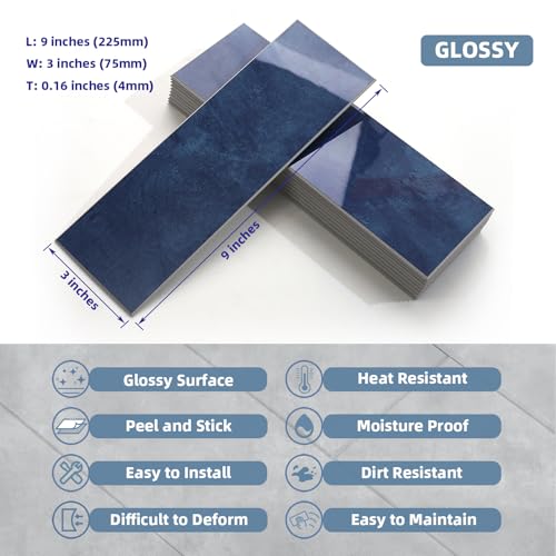 Tilingview 30 PCS Peel and Stick Backsplash Tile for Kitchen/Bathroom/Living Room, 3"x 9" Self-Adhesive Subway Tile for Backsplash, Imitation Glazed Tiles/Handmade Tiles (Glossy Navy Blue) - color: Glossy Navy Blue