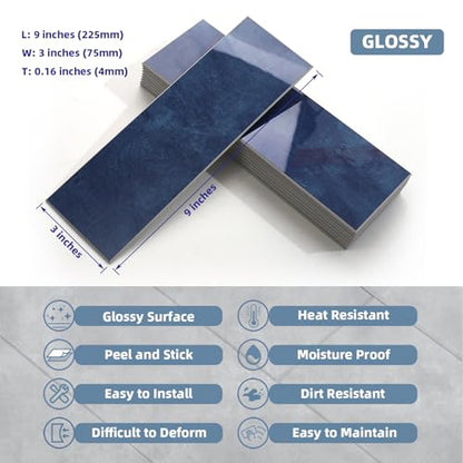 Tilingview 30 PCS Peel and Stick Backsplash Tile for Kitchen/Bathroom/Living Room, 3"x 9" Self-Adhesive Subway Tile for Backsplash, Imitation Glazed Tiles/Handmade Tiles (Glossy Navy Blue) - color: Glossy Navy Blue