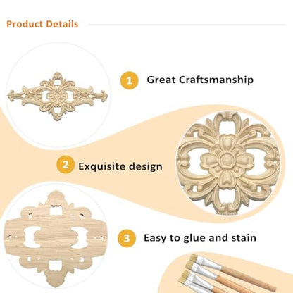 4 Pcs Decorative Wood Flower Carved Appliques Onlays, 3.9 x 7.9inch Diamond Unpainted Solid Wooden Carving Decal Trim Applique for Furniture Cabinet Closet Decoration (3.9 x 7.9inch-4pcs) - size: 3.9 x 7.9inch-4pcs