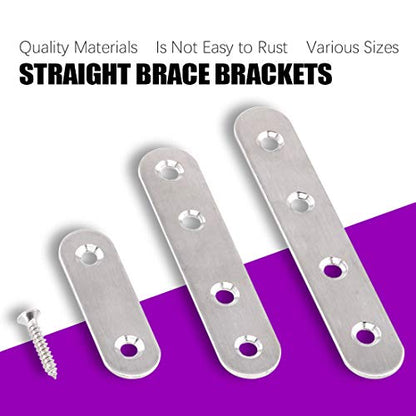 115Pcs 3 Sizes Stainless Steel Flat Straight Brace Brackets Metal Shelf Support Brackets Joining Plate with Screws Perfect for Mending Repair Plates Fixing Bracket Connector - 50mm/ 80mm/ 100mm