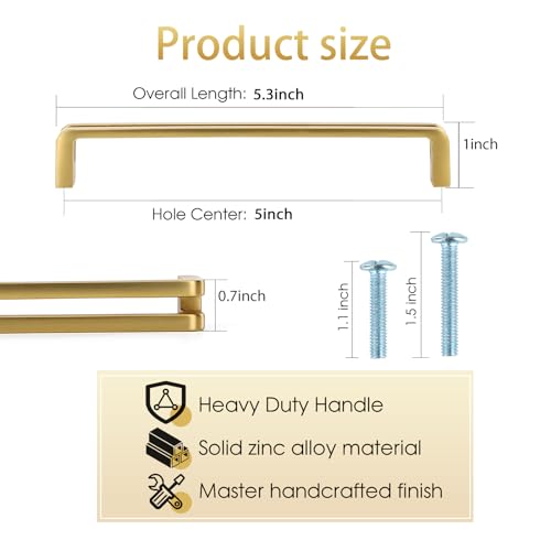 5 Inch(128mm) Hole Center Brushed Gold Zinc Alloy Solid Cabinet Pulls,Dresser Cabinet Handles Luxury Cabinet Pull Hardware for Bedroom, Kitchen 6 Pack 7600 - color: Brushed Gold, size: 5 Inch Hole Center