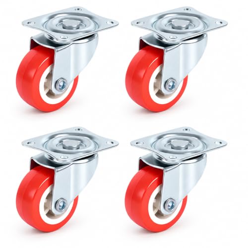 1.5 Inch Caster Wheels Set of 4, 4 Swivel, Red PU, Plate Mount - size: 1.5 Inch