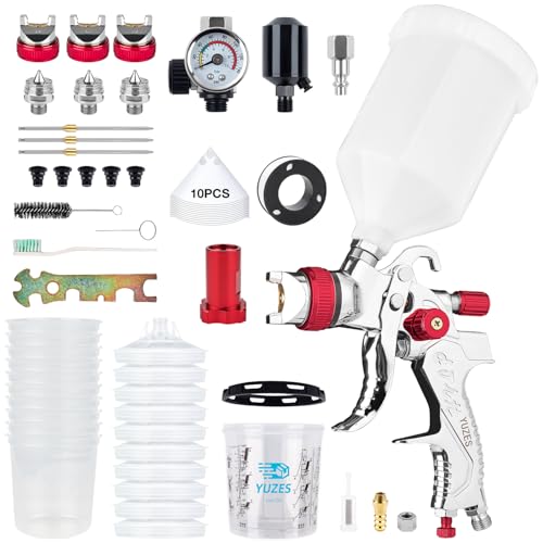 YUZES HVLP Spray Gun Premium Kit, 1.4/1.7/2.0mm Nozzles, Regulator & Filter - color: Red-Plus