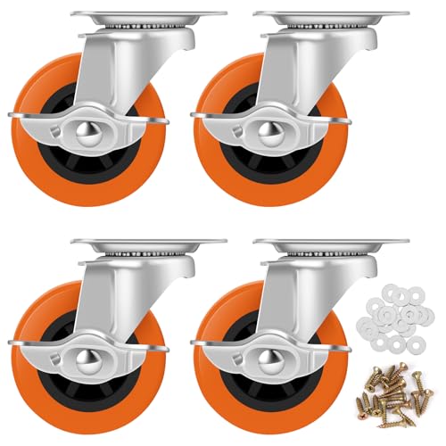 Caster Wheels,3 Inch Plate Swivel Casters Set of 4 with Brake - size: 3"4pack