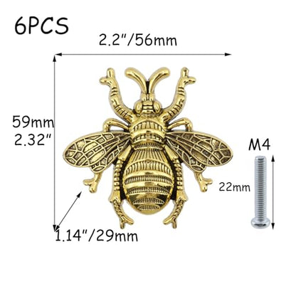 HEVSTIL 6Pk Antique Gold Bee Cabinet Knobs, Nature Theme Single Hole Pulls - color: Antique Gold, style: 6 Pack