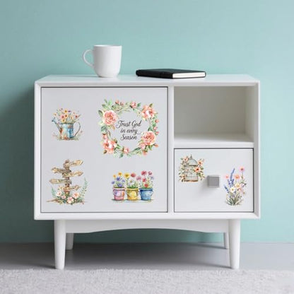 Peacoblue Simple Flowers and Letters Rub On Transfers for Furniture 6"x12" - style: Simple Flowers and Letters