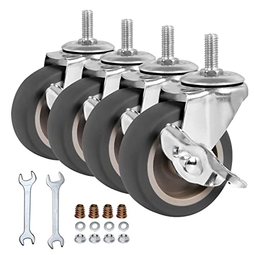 3 Inch Caster Wheels, Threaded Stem Casters Set of 4, Heavy Duty Wheel with Brake, Metric Size M8-1.25-25 (Screw Diameter 8mm, Screw Length 25mm) Casters for Wire Shelving, Furniture Dolly - style: M8-25