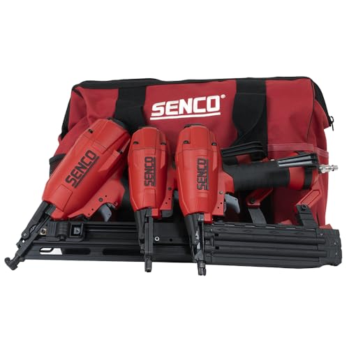 SENCO Pneumatic 4 Piece Finish Kit Includes 3 Air Powered Tools for Finish & Trim Projects: 15 GA finish nailer, 18 GA brad nailer, 18 GA stapler, and storage bag (10S0001N)