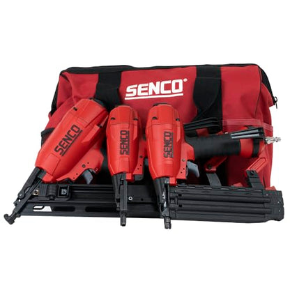 SENCO Pneumatic 4 Piece Finish Kit Includes 3 Air Powered Tools for Finish & Trim Projects: 15 GA finish nailer, 18 GA brad nailer, 18 GA stapler, and storage bag (10S0001N)