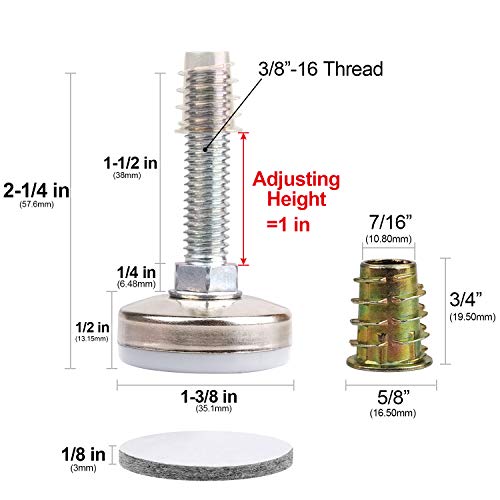 Heavy Duty Furniture Levelers Adjustable Furniture Legs Levelers, Leveling Feet for Tables Chairs Cabinets Sofa Raiser, Support 1320LBs, T- Nut Kit 3/8”-16 Thread, Large Base,w/ 4 Felt Pads (4 Pack) - color: Heavy Duty Furniture Levelers 4pack