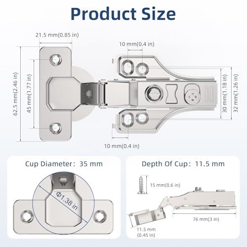 Chibery 20 Pack 1/4" Partial Overlay Soft Close Concealed Hinge for Face Frame ＆ Frameless Door, 3D Adjustment, Clip-on Plate, Slow Self Closing Hidden Satin Nickel, 105° Stainless Steel Hinges, 3/8" - size: Partial Overlay