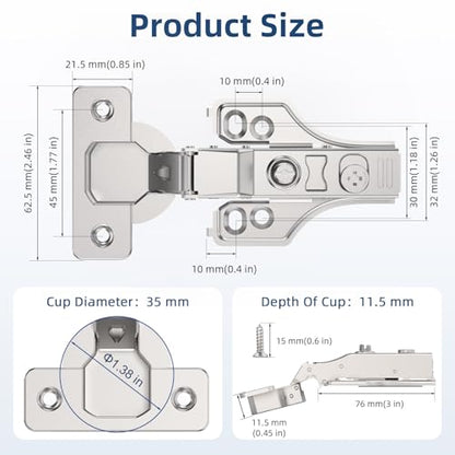 Chibery 20 Pack 1/4" Partial Overlay Soft Close Concealed Hinge for Face Frame ＆ Frameless Door, 3D Adjustment, Clip-on Plate, Slow Self Closing Hidden Satin Nickel, 105° Stainless Steel Hinges, 3/8" - size: Partial Overlay