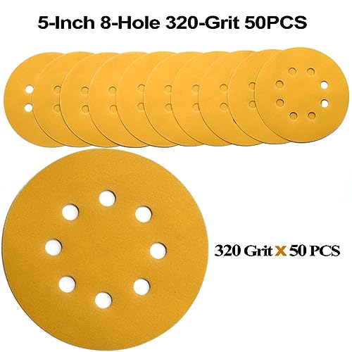 5-Inch 8-Hole Hook and Loop Sanding Discs 320-Grit, 50-Pack