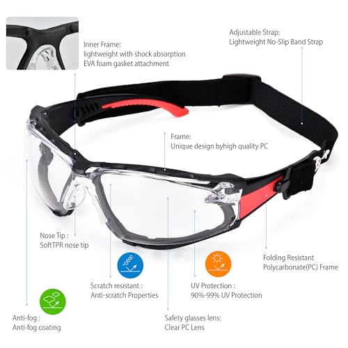 SAFEYEAR Safety Glasses Anti Fog Scratch Resistant ANSI Z87.1 CE Protective Eyewear with Foam Gasket Adjustable Strap - color: Black & Red