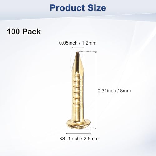 M METERXITY 100-Pack Small Tiny Nails, 1.2mm x 8mm Brass Precision MIni Nails Hardware Round Head for Wooden/DIY Crafts Decorative/Household Accessories/Picture Hanging - size: 1.2mm x 8mm