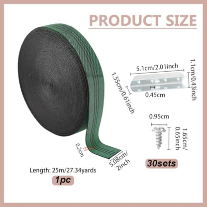 OLYCRAFT 2 Inch x 80 Ft Chair Webbing Replacement Kit Green Patio Furniture Repair Kit Upholstery Webbing Elastic Band with 30Pcs Metal Clips to Repair Sagging Couch Chair Patio Furniture Patios Strap - color: Green