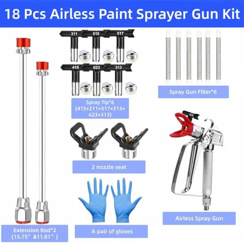 18 Pcs Airless Paint Sprayer Gun Kit – 3600PSI Professional Spray Gun, 6 Reversible Tips (211/313/415/515/517/623), 2 Extension Rods, 6 Filters & 2 Nozzle Seat，a Pair of Gloves