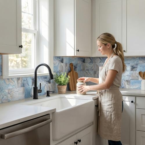 4 Sheets Blue Onyx Marble Look Peel & Stick Subway Tile 4"x8" - color: Blue Onyx Marble, size: 4 Pcs 4" x 8" x 0.07"