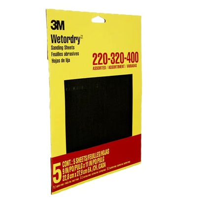 3M Wetordry Sandpaper, 5 Sheets, 9 in x 11 in, Assorted Grits (220/320 / 400), Use for Wet and Dry Sanding, for Sanding Between Coats of Varnish, Lacquer, Paint & Other Finishes (9088DC-NA), 2-Pack - style: Assorted Grit, 2-Pack (10 Sheets)