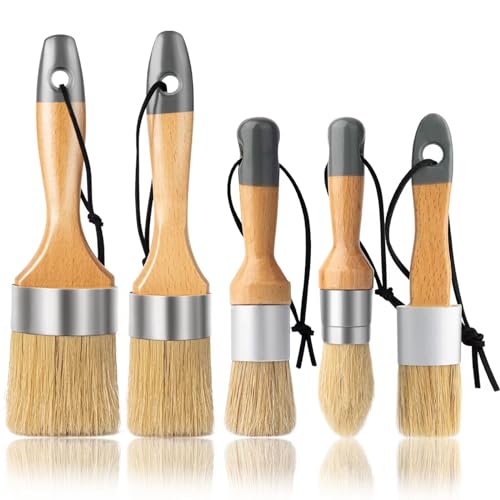 Chalk Paint Brush, Wax Paint Brush Set of 5, Natural Bristle - size: 1 Large + 1 Medium + 3 Small, 5 Pack
