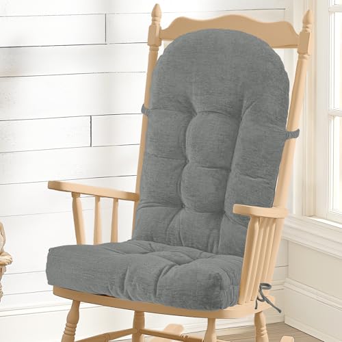 Rocking Chair Cushion - Chenille Fabric, High-Density Sponge, Durable Comfort Non-Slip Bottom Tufted Seat Pads with Ties, Chenille︱Light Grey, 44x19x4 inch - color: Light Grey
