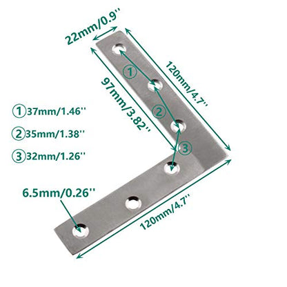 4 Pack Stainless Steel L Shape Flat Corner Bracket Plate - Repair Mending for Wood, Metal Fixing, Joining Support Brace for Shelves, Furniture and Cabinet (120x120mm) - size: 120 x 120 mm
