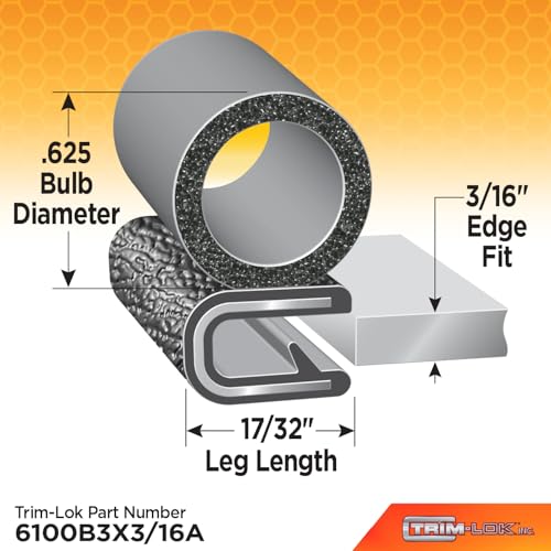 TRIM-LOK Trim Seal, Edge Trim with Side Bulb, Fits 0.625-Inch Bulb, 3/16-Inch Edge, 25-Foot Length, Black Pebble Finish, Flexible PVC Plastic Trim with EPDM Rubber Weather Stripping - style: 0.625" Bulb, 3/16" Edge, 17/32" Leg, 25 Feet