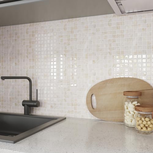 CRE8TIVE 4 Sheets Beige Peel and Stick Backsplash Small Square Mosaic Stick on Tiles for Kitchen Backsplash Tile Stickers 12"x12" Adhesive 3D Marble Wall Tiles for Bathroom Shower Tile Waterproof - size: 12"x12" (4-Sheets)