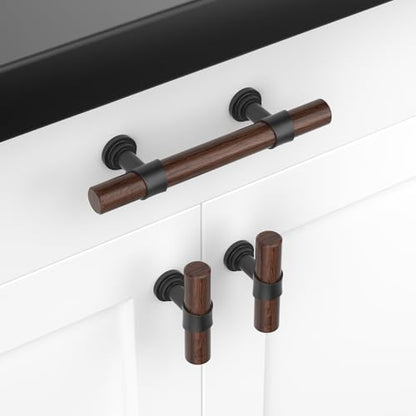 homdiy 10 Pack 3 Inch Hole Center Wood Cabinet Pulls Black Cabinet Handles - color: Walnut Wood Grain& Black, size: 3 in Hole Centers