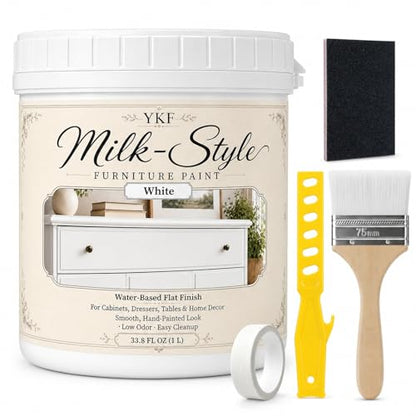 YKF Milk-Style Cabinet & Furniture Paint, White Flat Finish, 34 fl oz, Water-Based Paint for Prepared Wood Cabinet Doors, Drawer Fronts, Tables, Chairs and Shelves