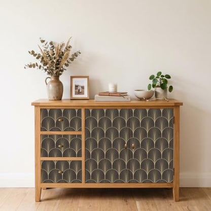 Peel and Stick Wallpaper, Black and Gold Art Deco Fan Pattern, 236in x 17.7in, Waterproof Vinyl, Removable Reusable, Eco-Friendly, for Bedroom Living Room Rental Apartment - color: Dark1, size: 17.7" x 236.2"