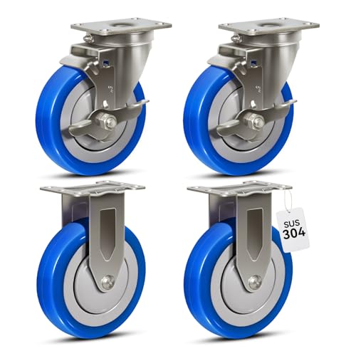 5" Stainless Steel Casters, Swivel Industrial Casters Set of 4 Heavy Duty, Anti-Corrosion Rust-Proof Plate Polyurethane Caster Wheels for Cart (2 Brake& 2 Rigid) - style: 2 Brake&2 Rigid