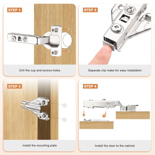 Probrico Full Overlay Soft Close Clip On Face Frame Mounting Cabinet Hinges, Nickel Plated Door Hinges, Concealed Screws 105 Degree Kitchen Cabient Hinges, 4 Pair